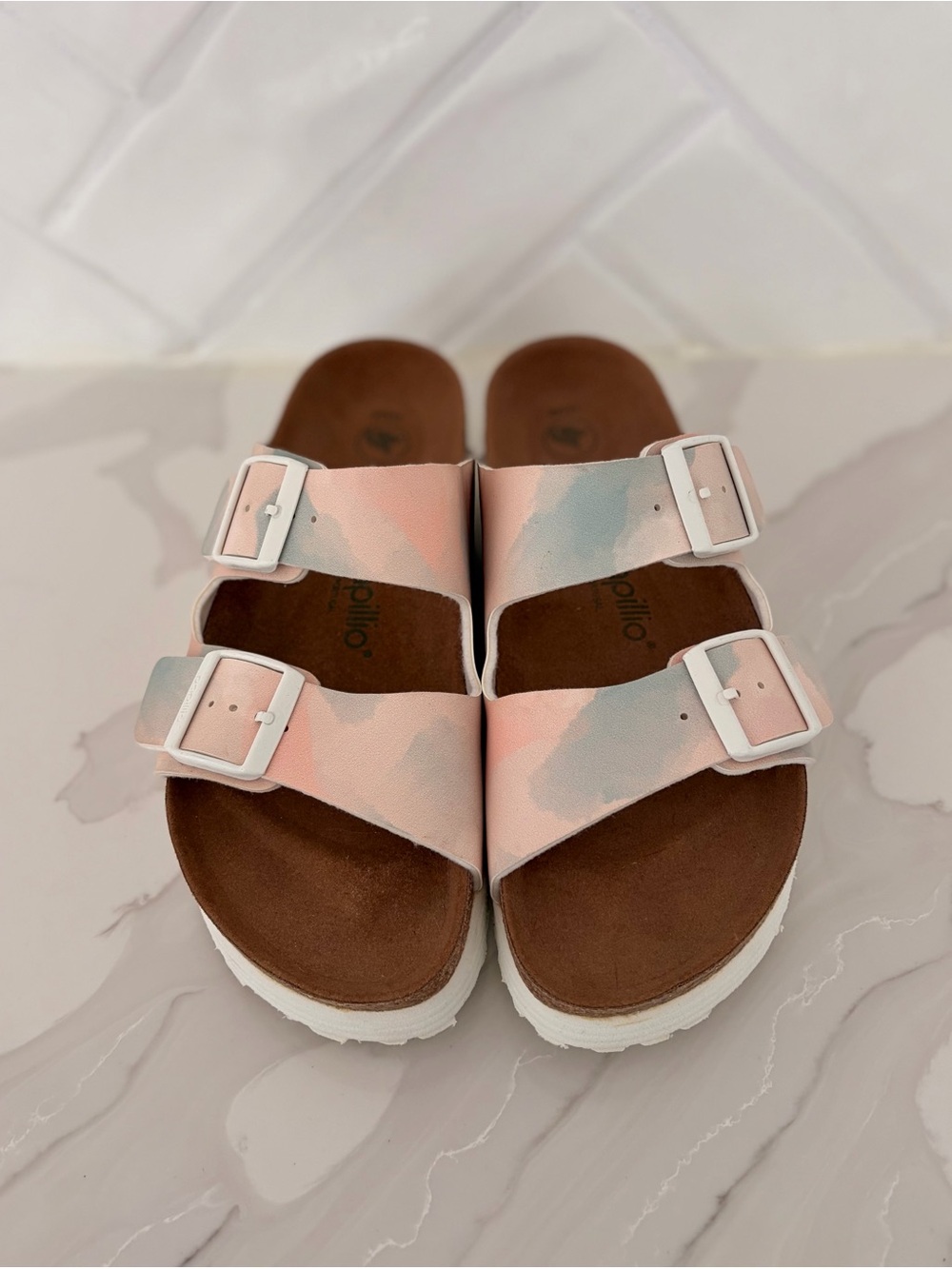 Papillon by Birkenstock Two-Strap Arizona Sandals in Pink and Light Blue Tie-Dye
